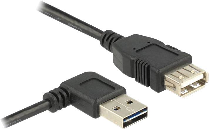Två USB-kablar med olika kontakter: till vänster en USB-A-kontakt, till höger ett USB-A-uttag, båda svarta.