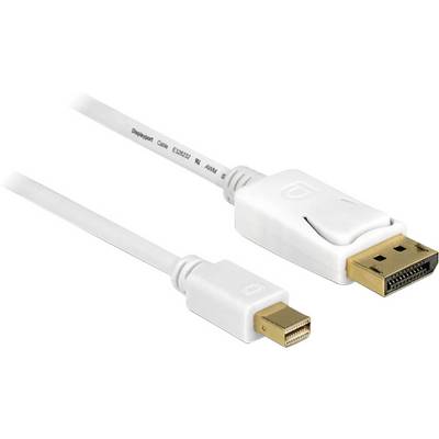 Ett vitt DisplayPort-kabel med en DisplayPort-kontakt på ena sidan och en Mini-DisplayPort-kontakt på den andra sidan.