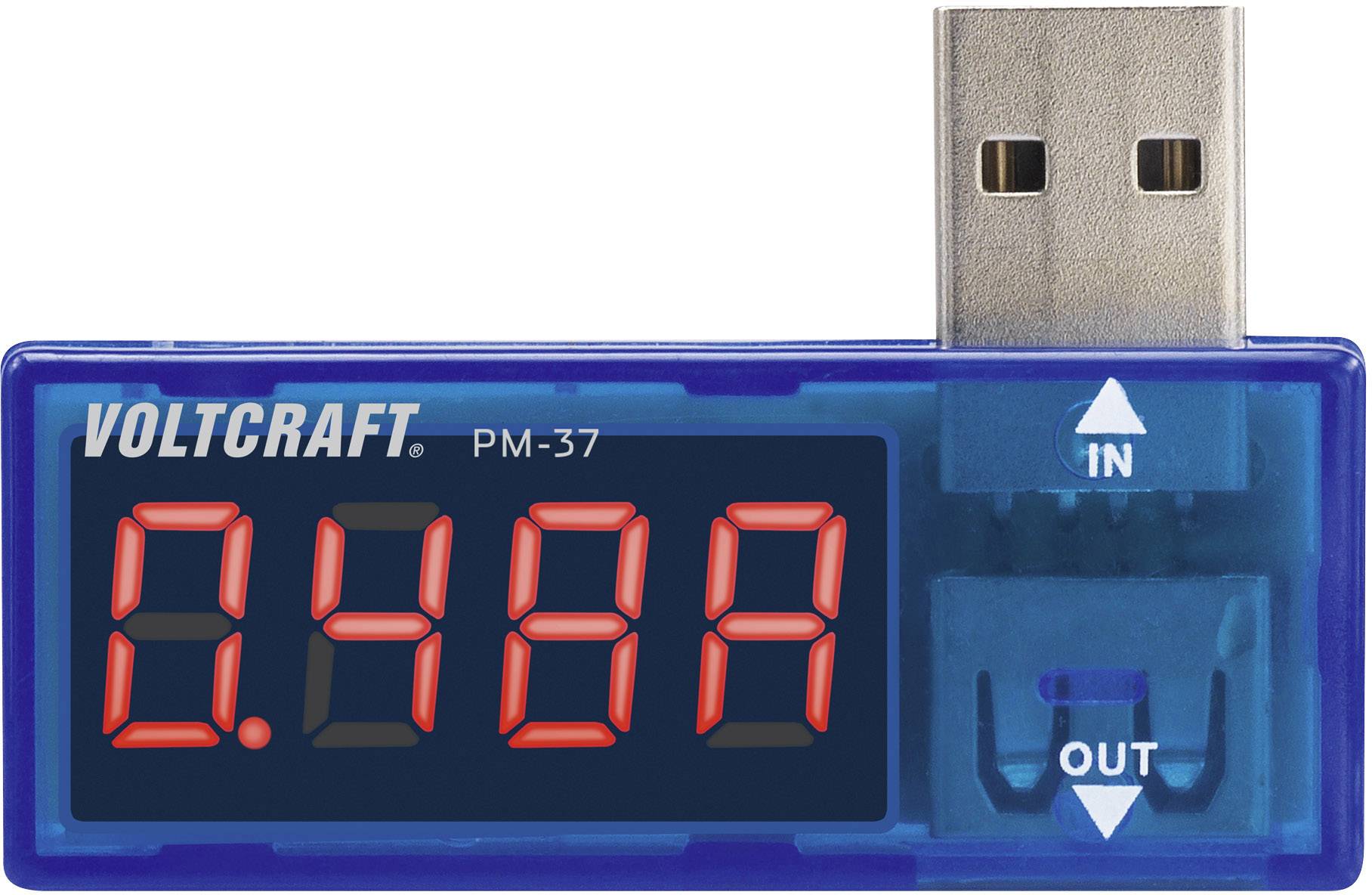 USB-strömnings- och spänningsmätare med digital display visar '0,48A'. Anslutning märkt med 'IN' och 'OUT'.
