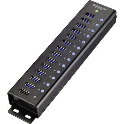 En USB 3.0-hubb med 16 portar, numrerade från 1 till 16, och en extra USB-C-port, lämplig för avancerad anslutning.
