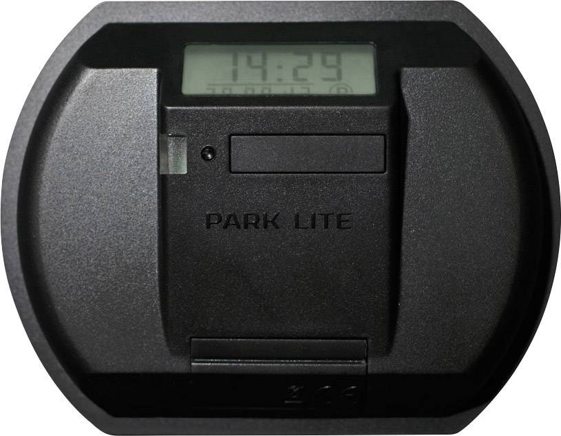 Elektronisk parkeringsskiva, visar 14:29. Enkelt, svart design med display överst.
