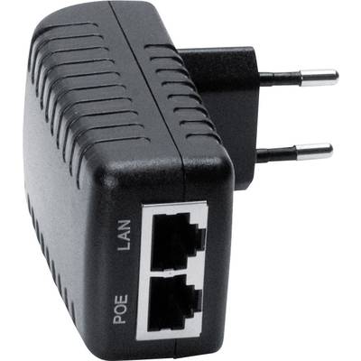 Svart nätadapter med eurokontakt och två nätverksanslutningar, märkt med 'POE' och 'LAN'.