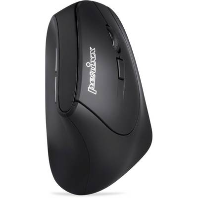Ergonomisk, svart datormus med vertikalt design och scrollhjul, lämplig för bekvämt arbete vid datorn.