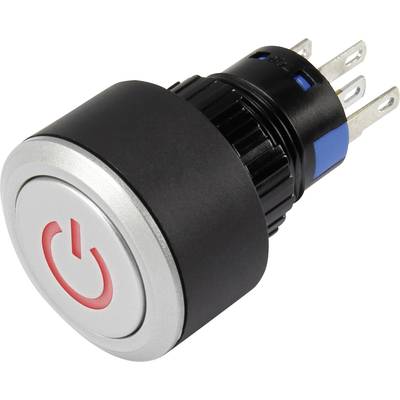 En rund, svart tryckknappbrytare med silverfärgad frontplatta och röd På-Av-symbol. Baksidan visar elektriska anslutningar.
