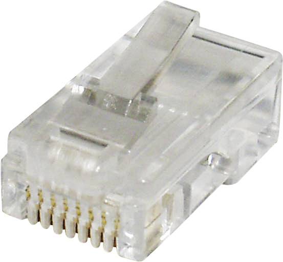 En transparent RJ45-kontakt för anslutning av nätverkskablar. Lämplig för Ethernet-anslutningar i datornätverk.