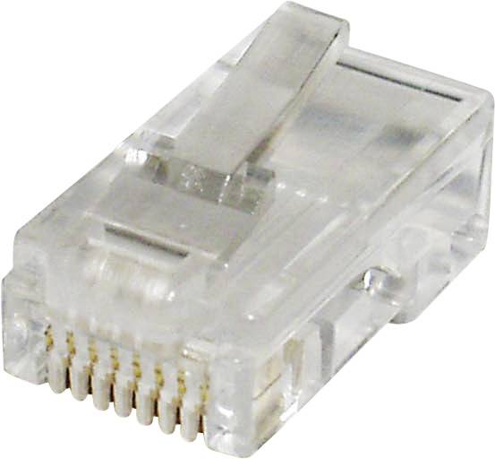 En genomskinlig RJ45-kontakt för nätverkskabel, sedd ovanifrån.