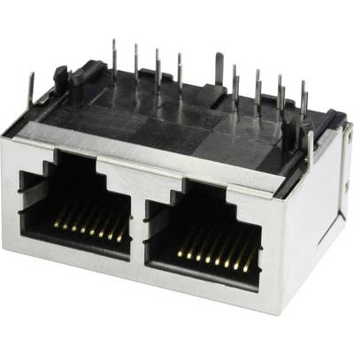 Två RJ45-Ethernetportar bredvid varandra i ett metallhölje, lämpliga för nätverksanslutningar.