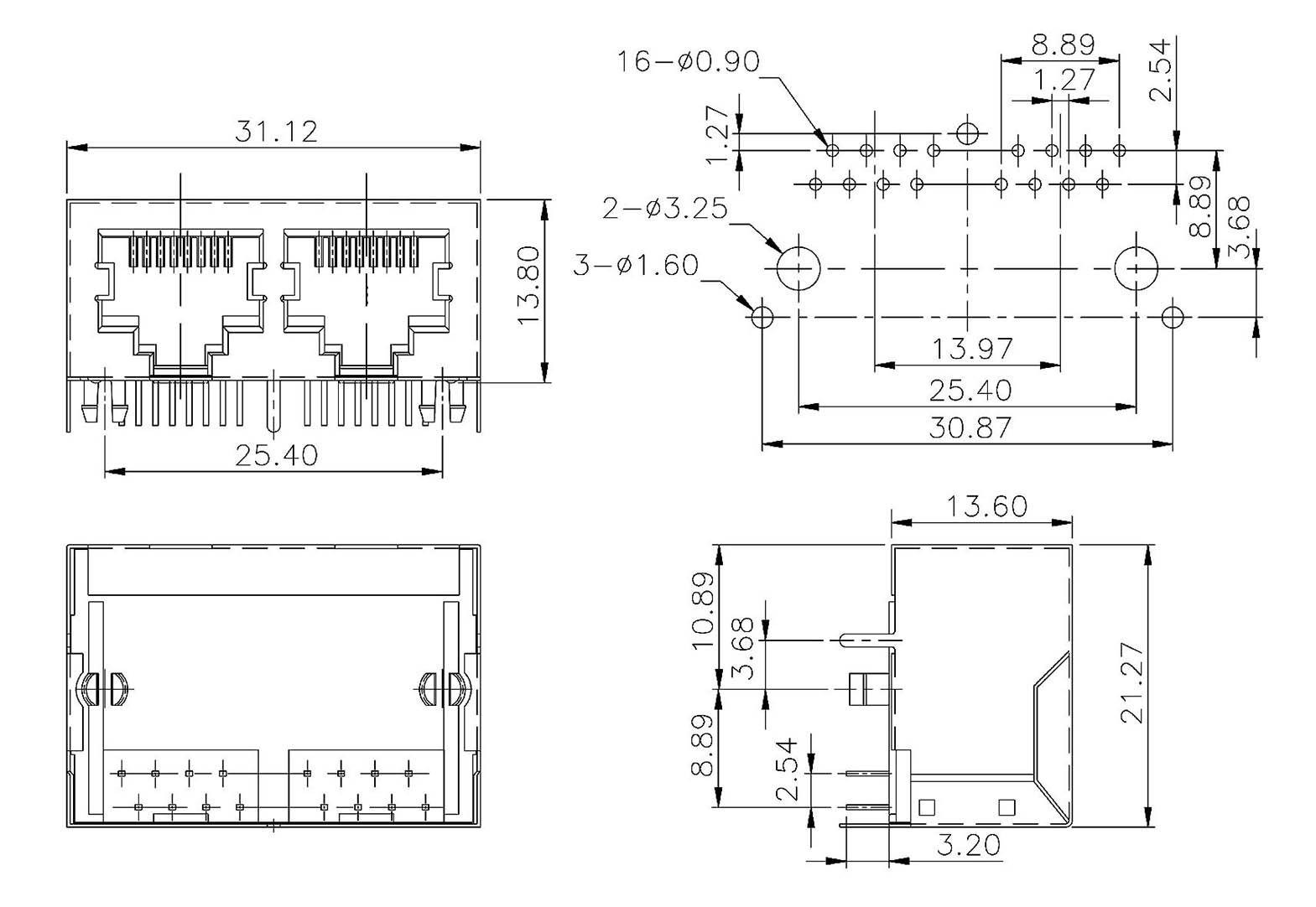 Teknisk ritning av en Ethernet dubbel anslutning med dimensioner i millimeter. Visar front-, sido- och toppvy.