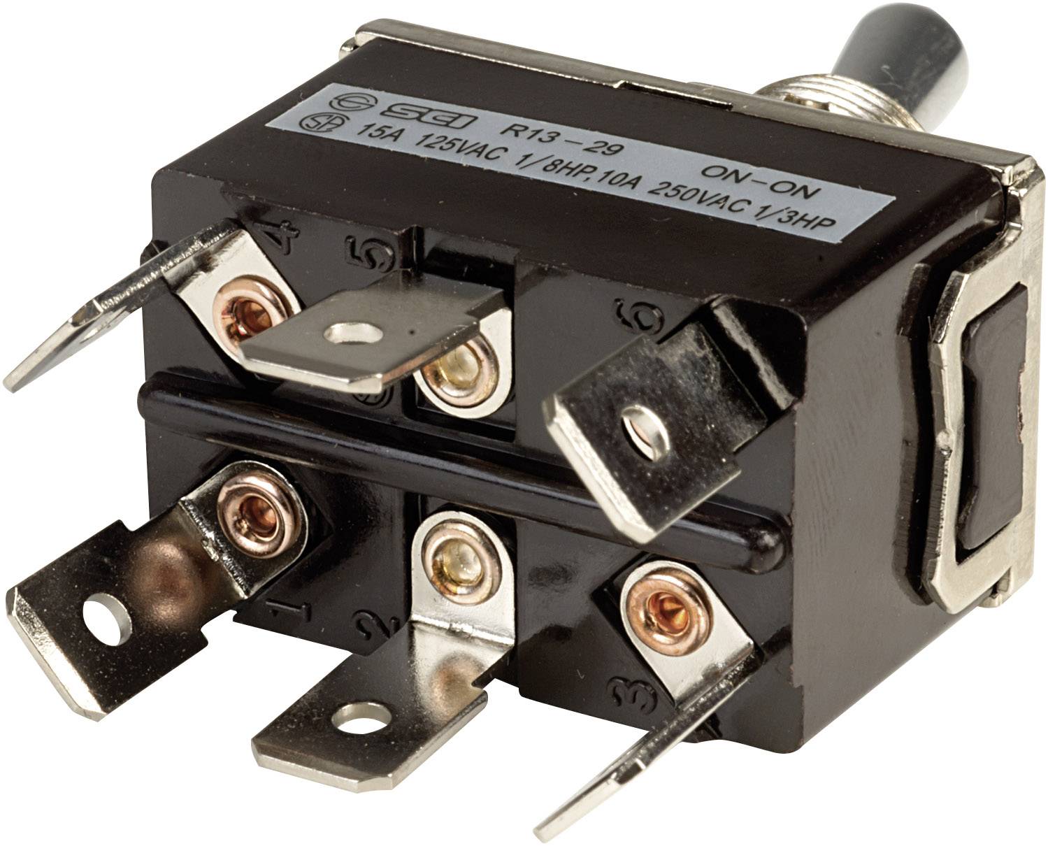 En vippströmbrytare med två lägen, märkt 'ON-ON'. Den har flera anslutningskontakter för elektrisk förbindelse. Lämplig för 15A, 125VAC.