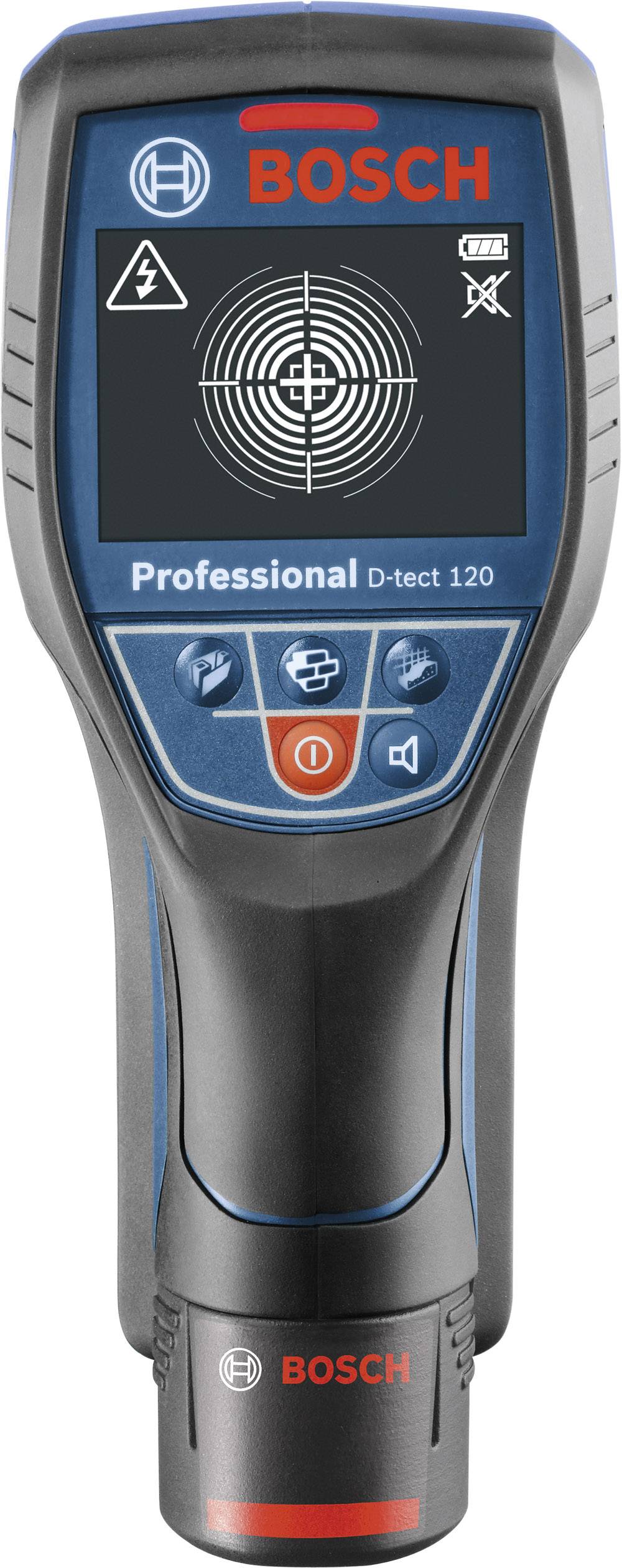 Elektronisk mätapparat 'BOSCH Professional D-tect 120' med skärmdisplay och manöverknappar. Används för lokalisering av material.