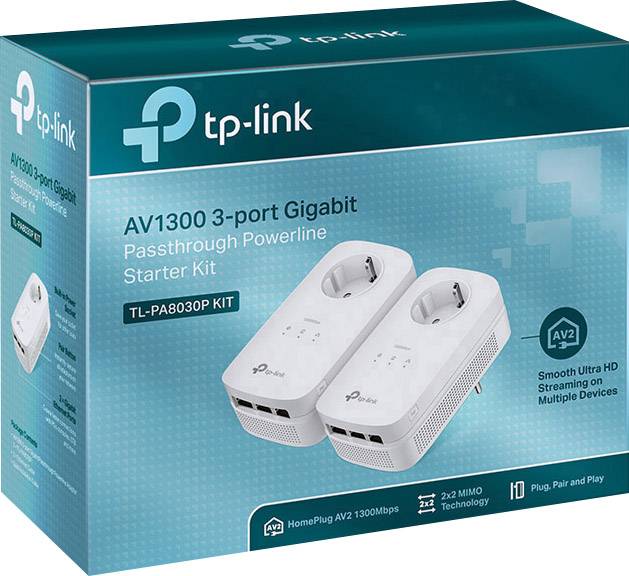 'TP-Link AV1300' Powerline-nätverkskit förpackning visar två Powerline-adaptrar för Gigabit Ethernet-anslutningar och HD-streaming.