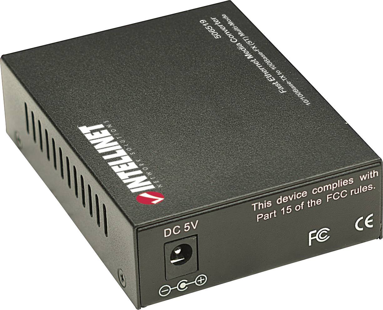 En svart Ethernet-mediakonverterare med varumärkeslogotyp, FCC-märke och CE-märkning. Försedd med DC 5V strömförsörjning.