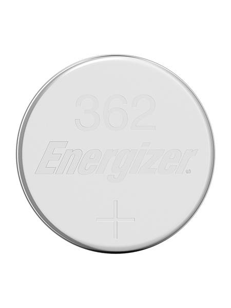 En silverfärgad knappcell märkt '362 Energizer' med ett plustecken som anger batteriets positiva sida.