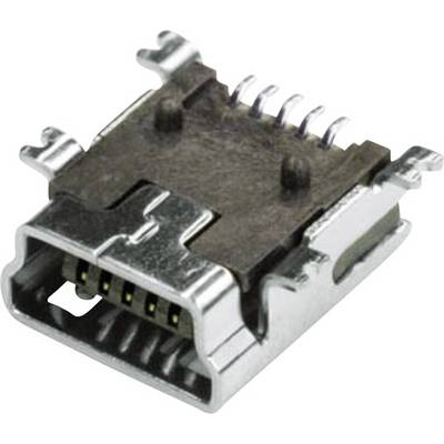 Närbild av en metall-micro-USB-kontakt på vit bakgrund. Visar kontaktpinnarna och fästclipsen.