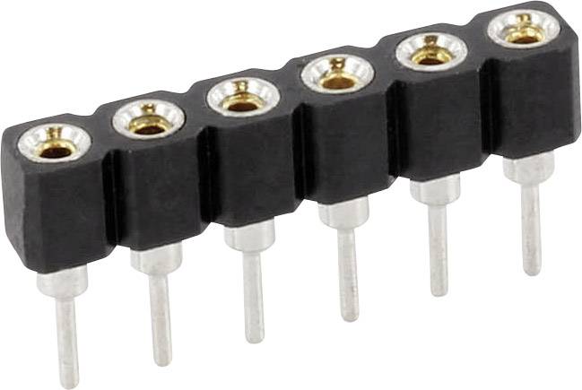 En svart 6-polig pin-header-kontakt med guldfärgade kontakter och silverpläterade stift, typiskt för elektroniska anslutningar.