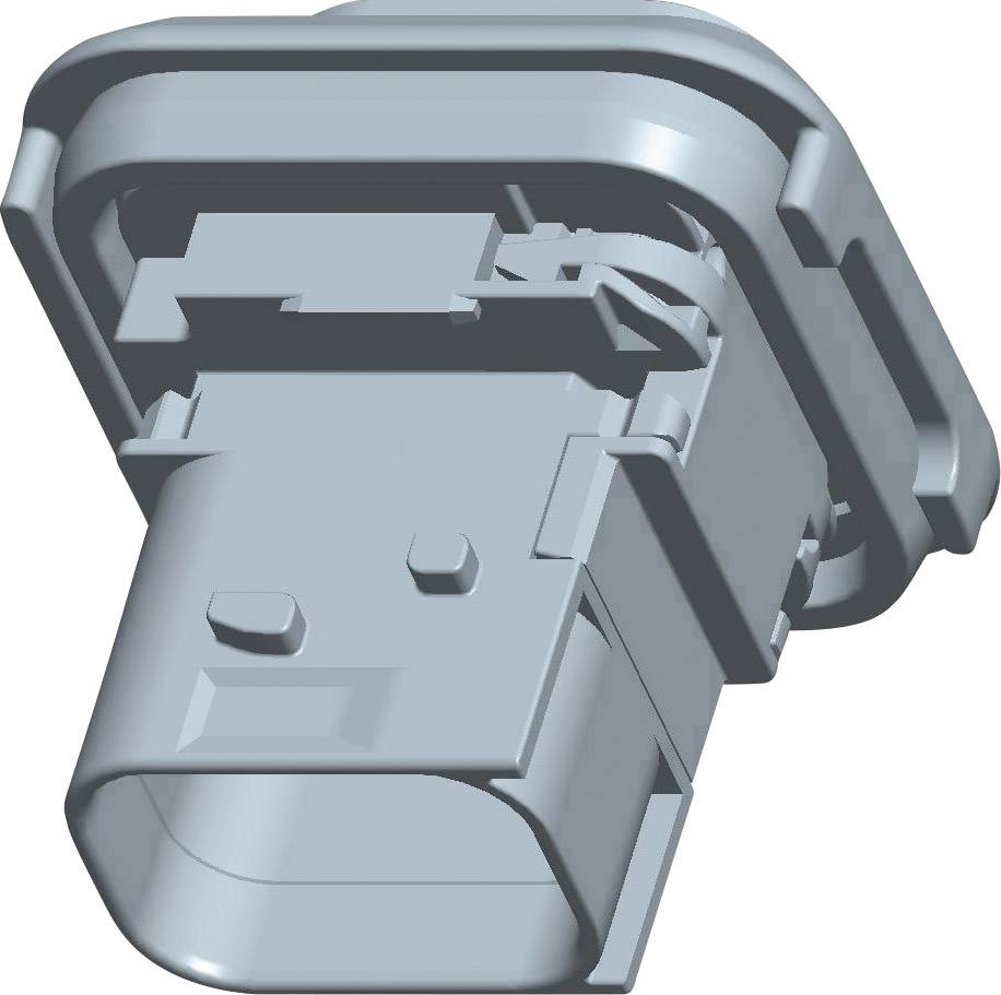 Elektronisk komponent i ett grått plastfodral, sedd från en vinklad perspektiv, visar detaljer av fästanordningar och kontakter.
