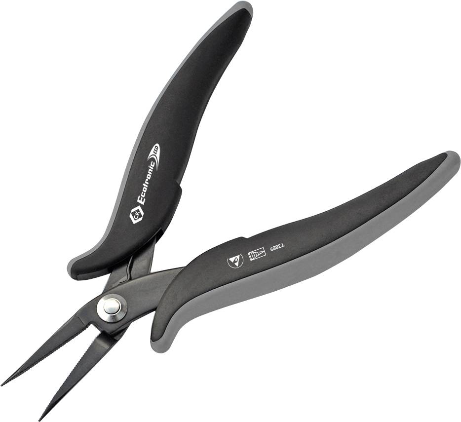 En svart tång med smala, spetsiga käftar, lämplig för precisionsarbeten. Ergonomiska handtag för bekväm användning.