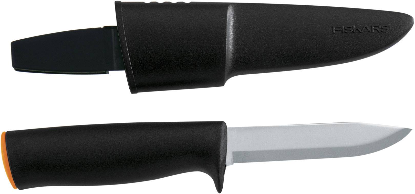 Ett svart kniv med svart fodral och orange accent på handtaget. Lämplig för säker transport och förvaring.