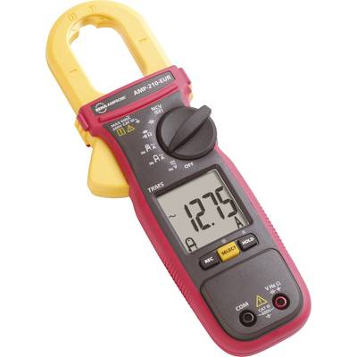 Ett digitalt multimeter med tånggrepp visar ett mätvärde på 127,5 A på LCD-displayen. Enheten är röd-gul.