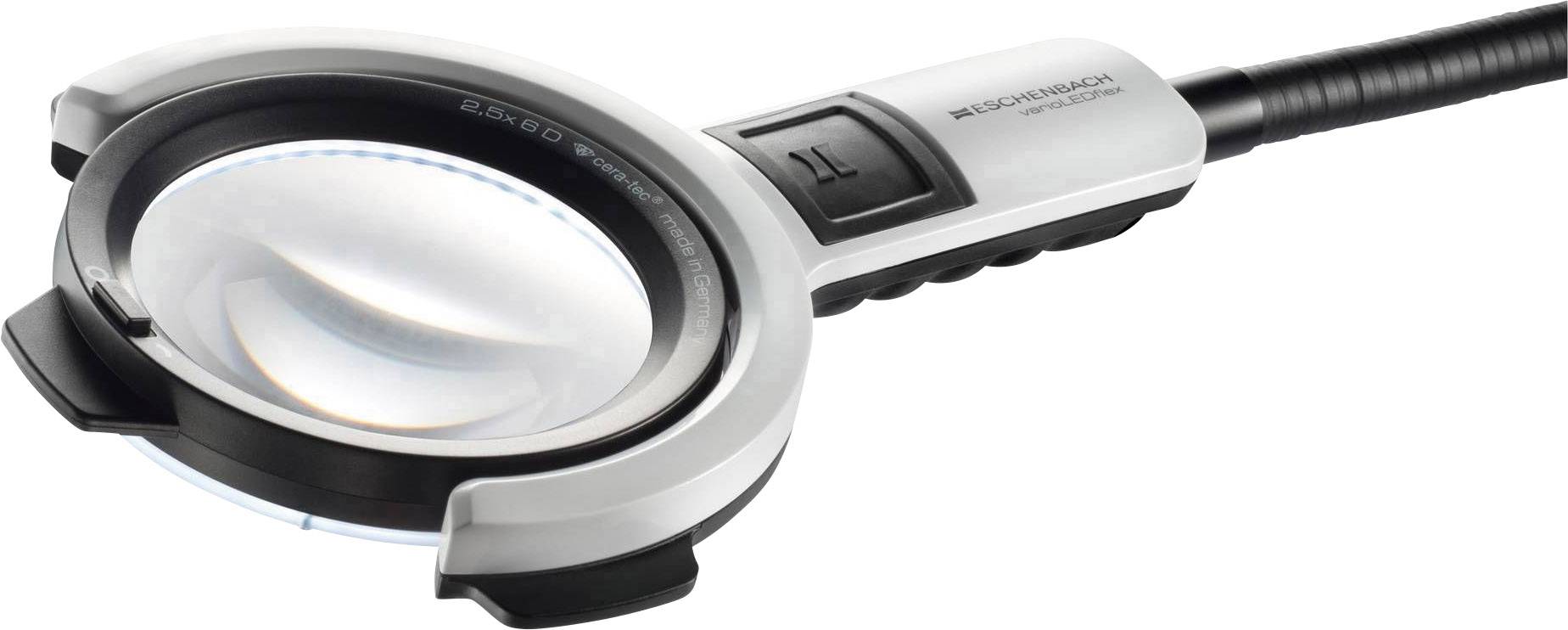 En silvergrå förstoringsglas med svart handtag, lämplig för noggrann läsning och detaljerade arbeten tack vare en integrerad LED-lampa.