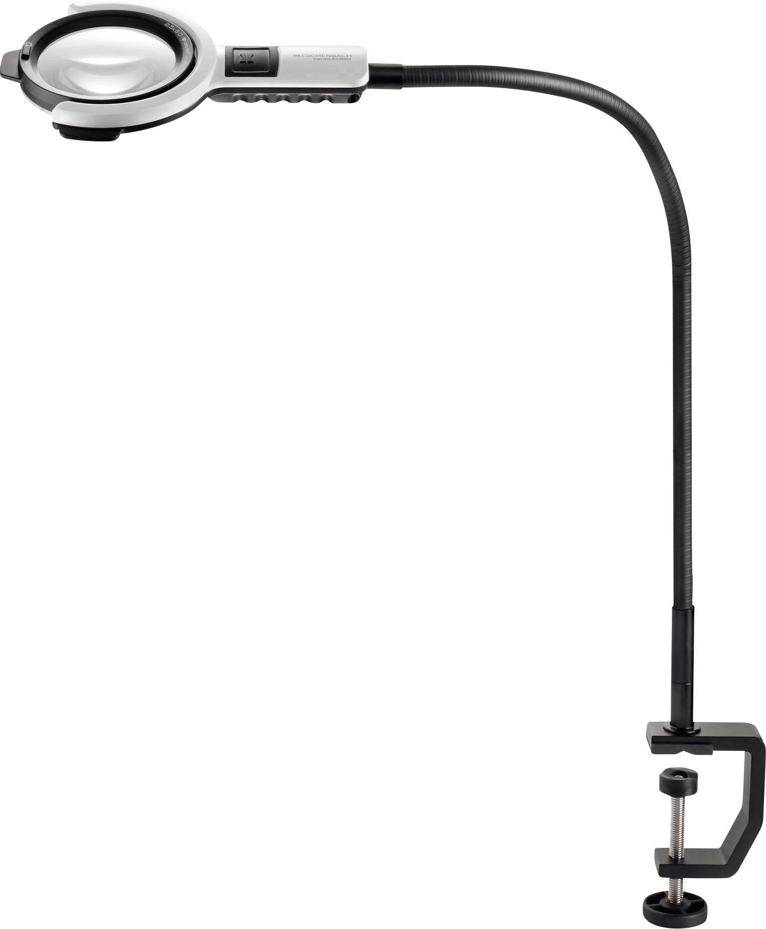 Flexibel bordslup med klämfäste, svart arm och justerbart linsglas, lämplig för precisionsarbeten eller läsning av småtryck.