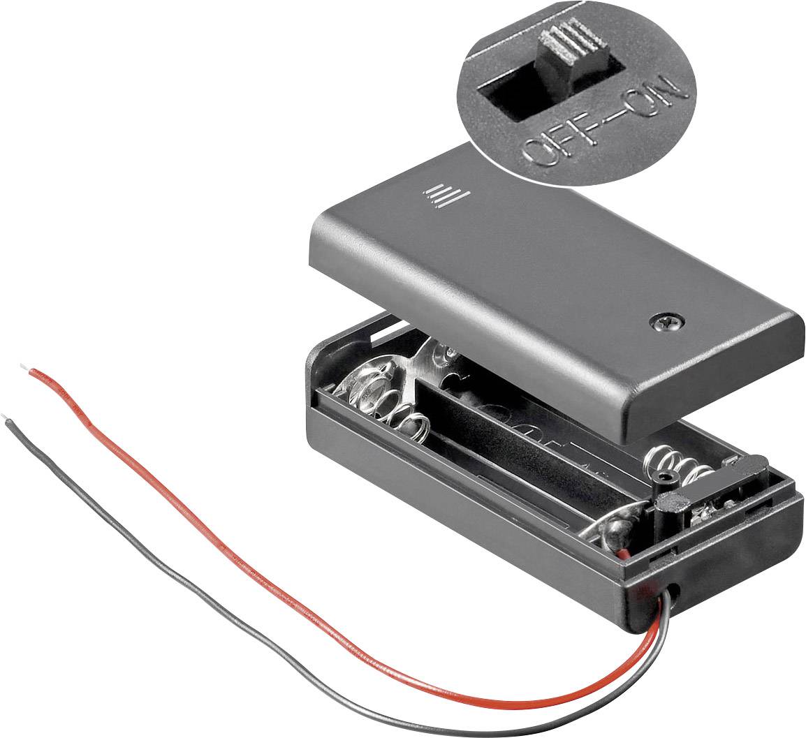 Batterihållare med öppet lock, ett fack för två batterier, röda och svarta anslutningskablar och en strömbrytare 'PÅ-AV'.