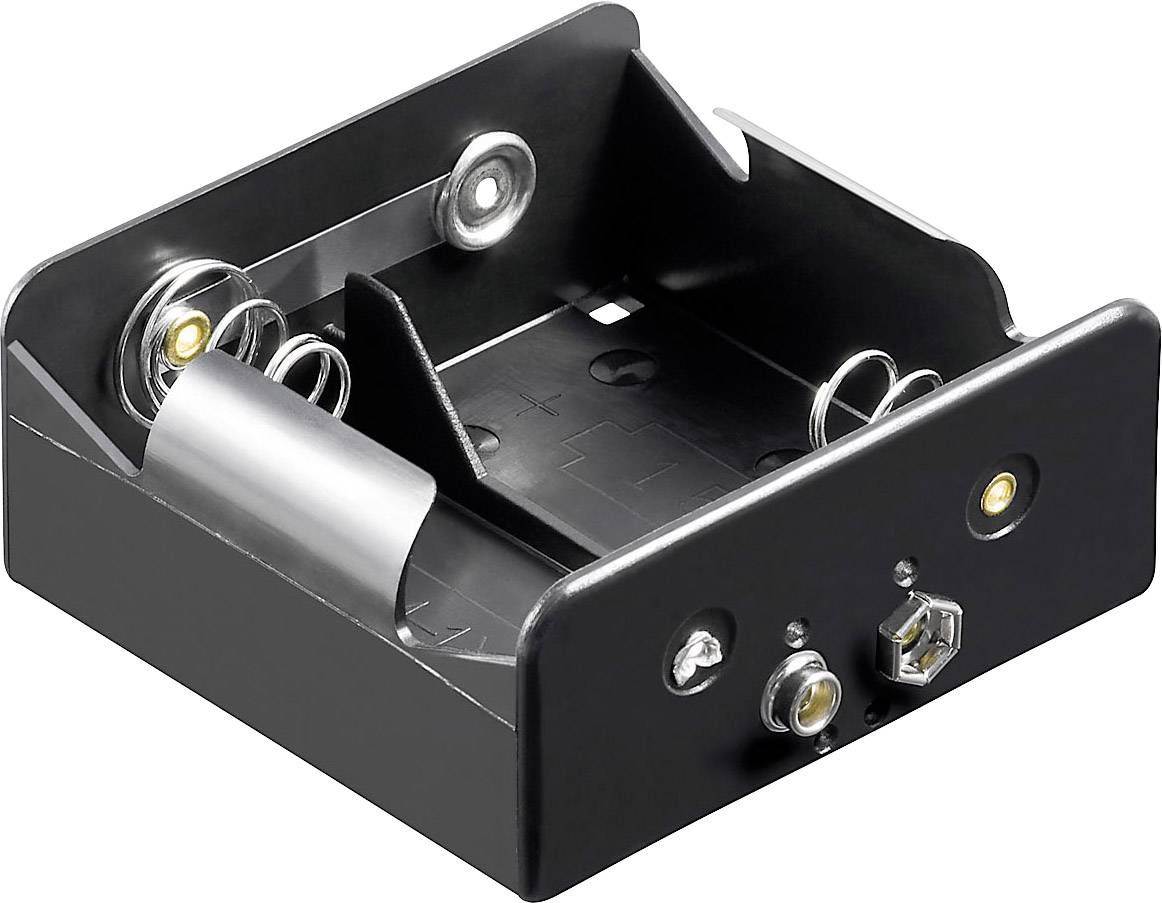 Svart batterifack för två batterier med metallkontakter och USB-anslutning, lämplig för elektroniska enheter.