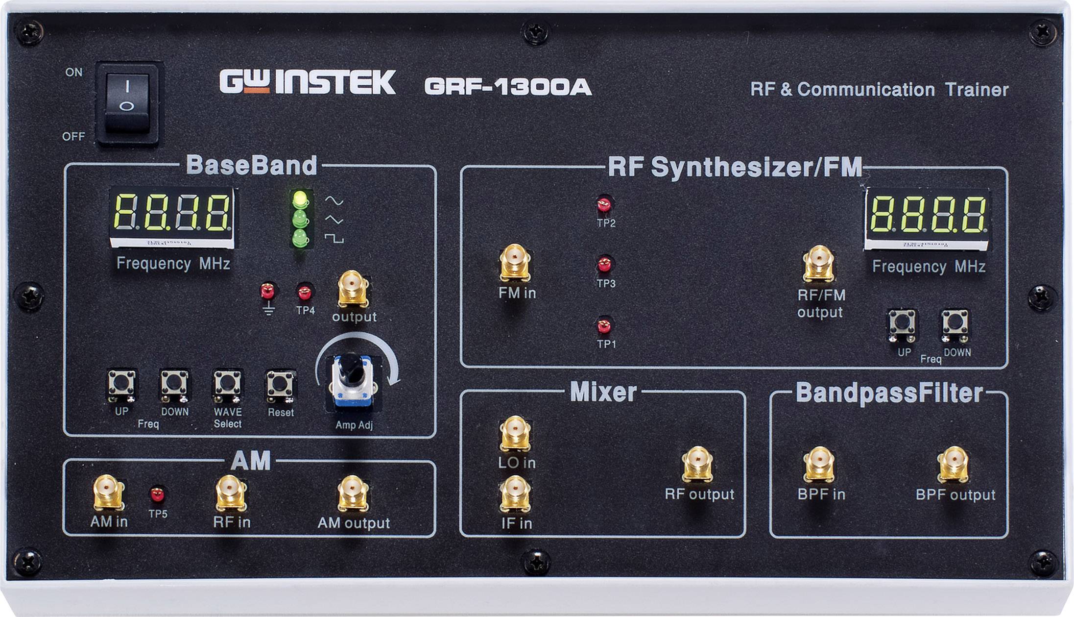 'Framsidesvy av en GW Instek GRF-1300A RF & Communication Trainer med displayer för BasBand, RF-synthesizer/FM, AM, Mixer och Bandpassfilter.'