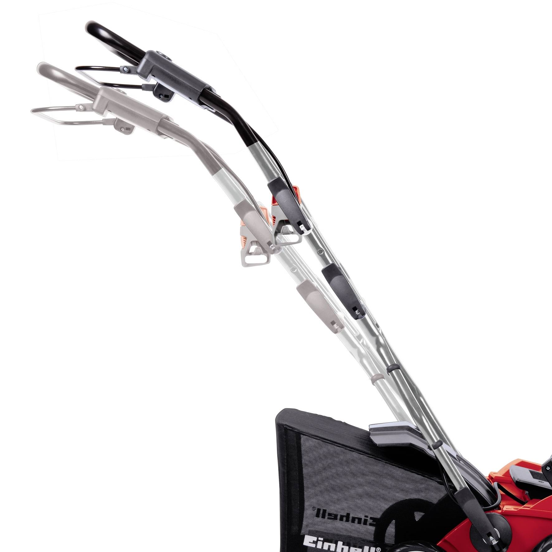 Skaft till en gräsklippare med justerbara inställningar och ergonomisk design, delvis synligt röd hölje.