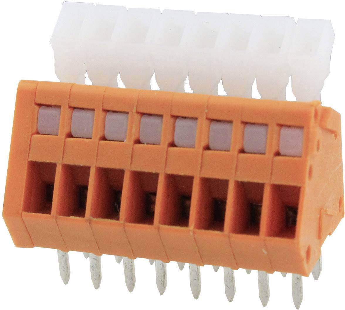 En orange kontaktdon med sex stift och en vit del i bakgrunden, visar en elektrisk anslutningskomponent.