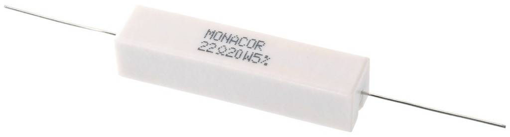 En vit cementerad motstånd med påskriften 'MONACOR 22Ω 5%'. Långa, tunna trådar sticker ut från båda ändar.