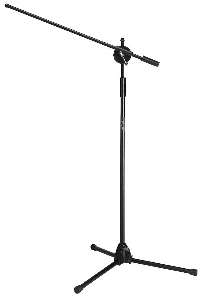 Mikrofonställning med justerbar svängarm och trebent bas, tillverkad av svart metall.