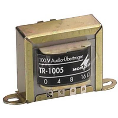 En guldfärgad ljudöverförare märkt '100 V Audio-överförare TR-1005'.