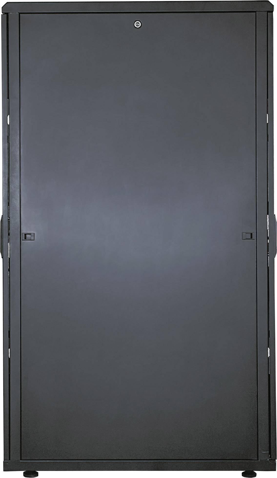 Svart serverrack, stående och stängt, utan synliga kablar eller anslutningar, mot en ljus bakgrund.