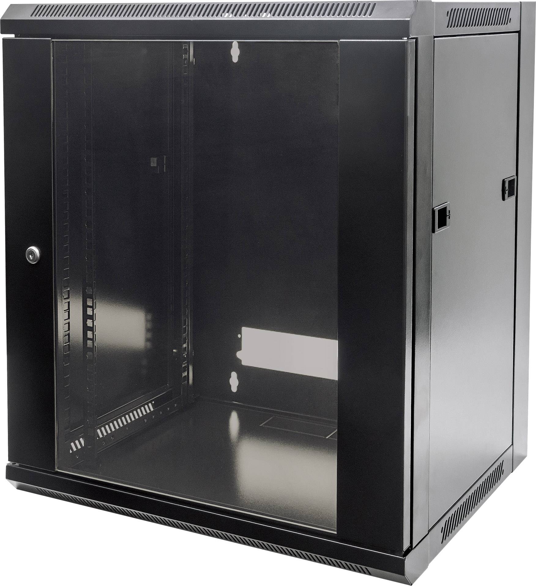 Svart serverrack med transparent dörpanel; lämpligt för förvaring av nätverkshårdvara i IT-miljöer.