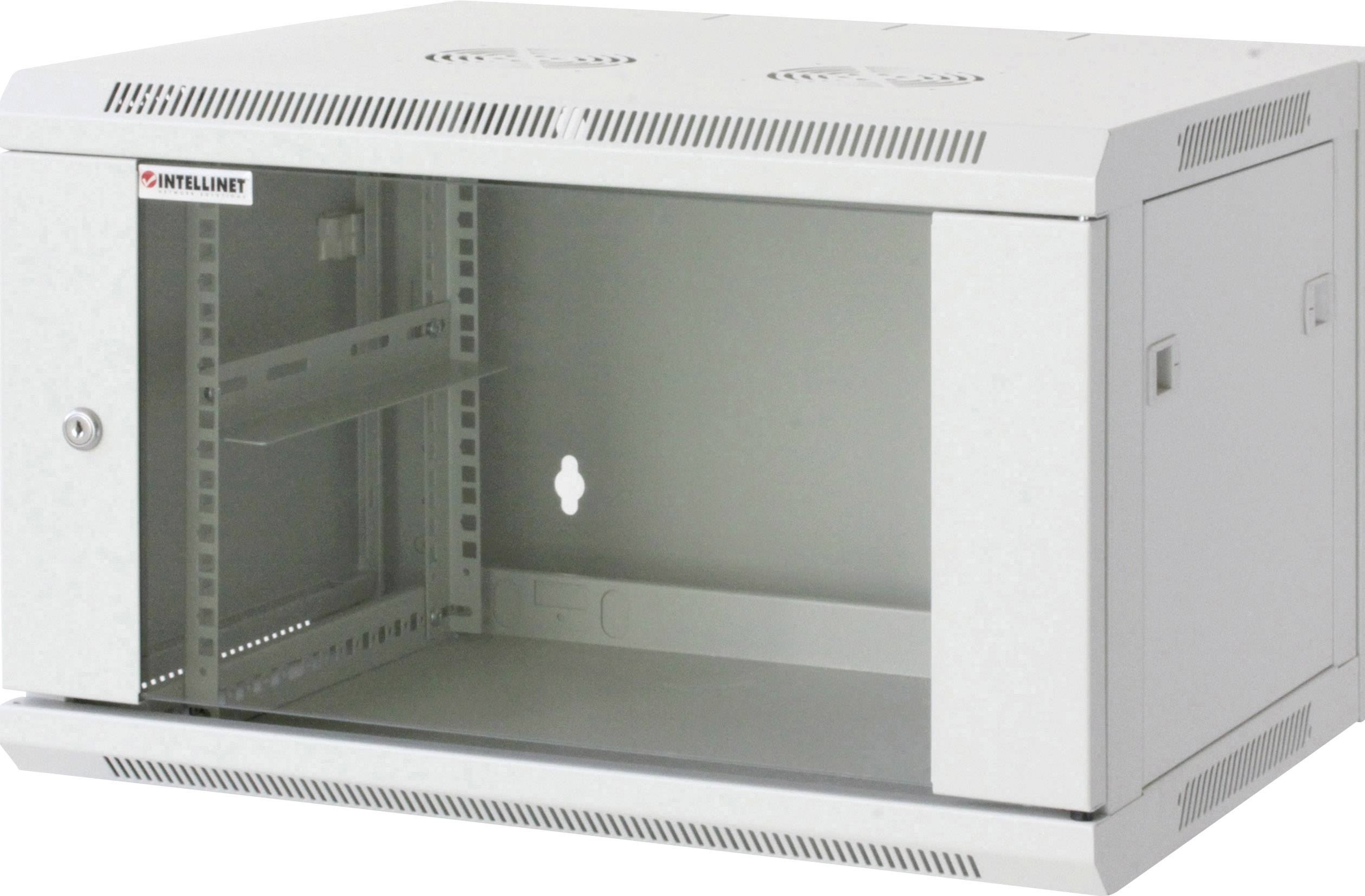 Ett tomt, grått väggmonterat rack-hölje med ventilationsöppningar och en glasdörr, lämpligt för förvaring av IT-utrustning.