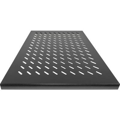 Ett rektangulärt, svart hyllplan med snedställda ventilationsöppningar, lämpligt för montering i ett nätverks- eller serverrack.