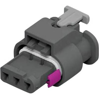 En grå kontakt med ett violett detalj och en grå spak överst, sannolikt för elektriska anslutningar.