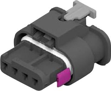 En svart plastpropp med fem kontakter och ett grått clip, lämplig för elektroniska anslutningar i tekniska tillämpningar.