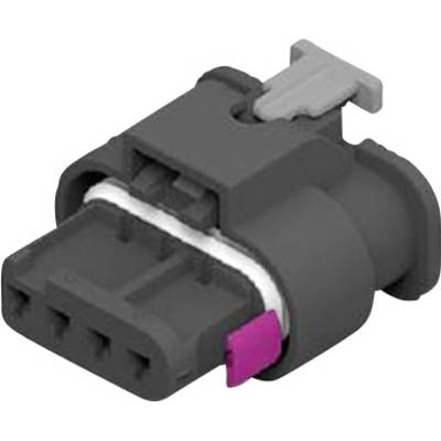 En svart plastpropp med fem kontakter och ett grått clip, lämplig för elektroniska anslutningar i tekniska tillämpningar.