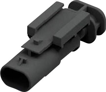 En svart plastpropp, rektangulär form, med två kontaktpinnar. Används för elektriska anslutningar i fordon.