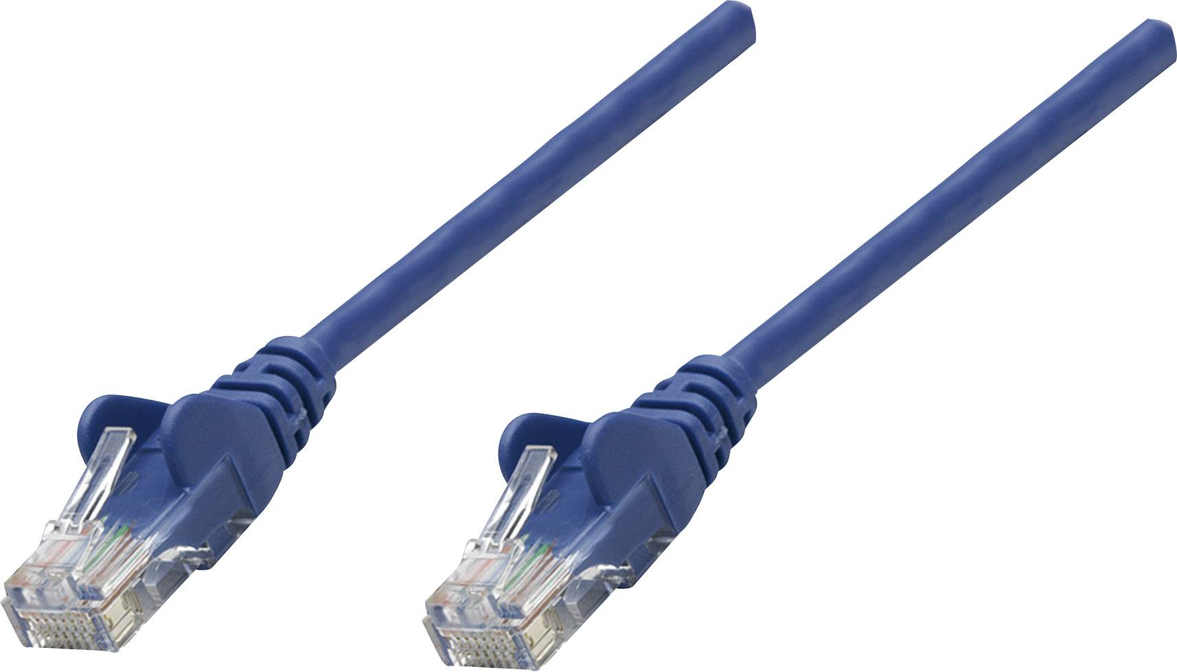 Två blå nätverkskablar med RJ45-kontakter på vit bakgrund. De är avsedda för Ethernet-anslutningar i datornätverk.