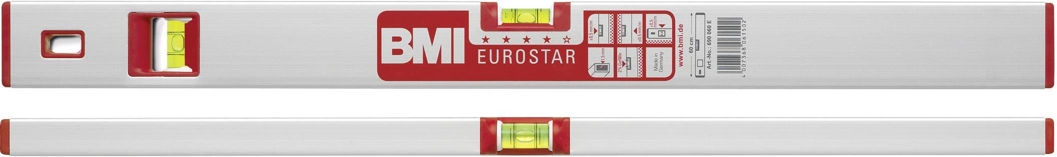 Vattenpass med rött 'BMI Eurostar'-logo, två libeller för nivellering.