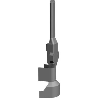 Grå 3D-renderingsgrafik av en komplex mekanisk del med en lång cylindrisk kropp och flera steg och vinklar.
