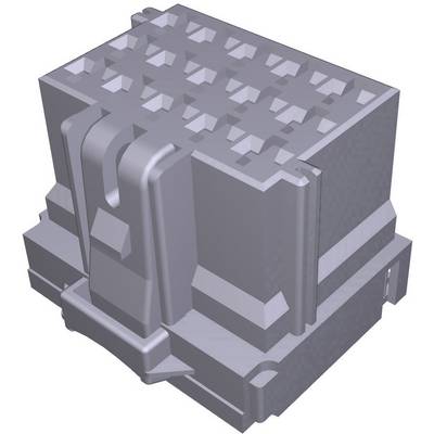 Grått, kubiskt 3D-modell av en elektronisk komponent med ett gittermönster överst och rektangulära element på sidorna.