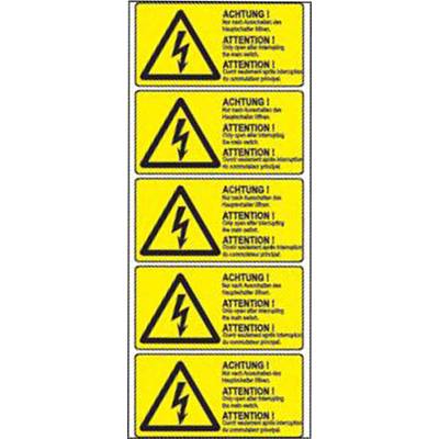 Varning! Risk för elektrisk stöt. Gula varningsskyltar med blixt-symbol för elektriska faror. Flerspråkiga varningsmeddelanden.