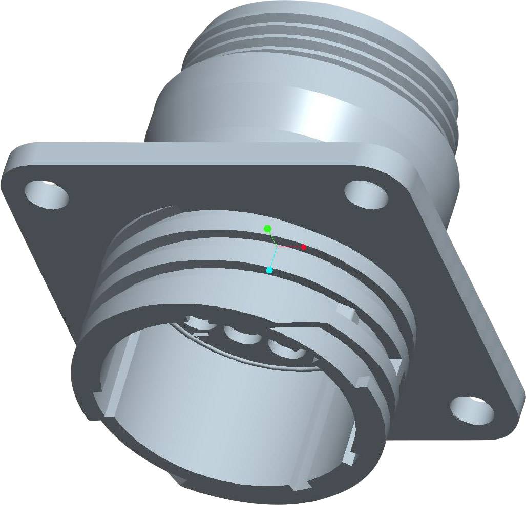 3D-rendering av en cylindrisk kontaktdon med gänga och monteringsplatta i metall, med gröna och röda axelmarkeringar.