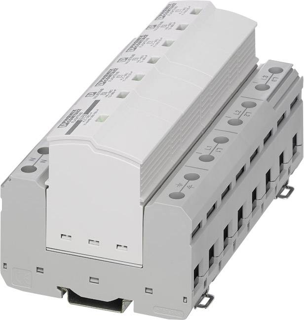 Överspänningsskyddsanordning: Grå-vit modul för elektriska installationer, monterbar på DIN-skena.
