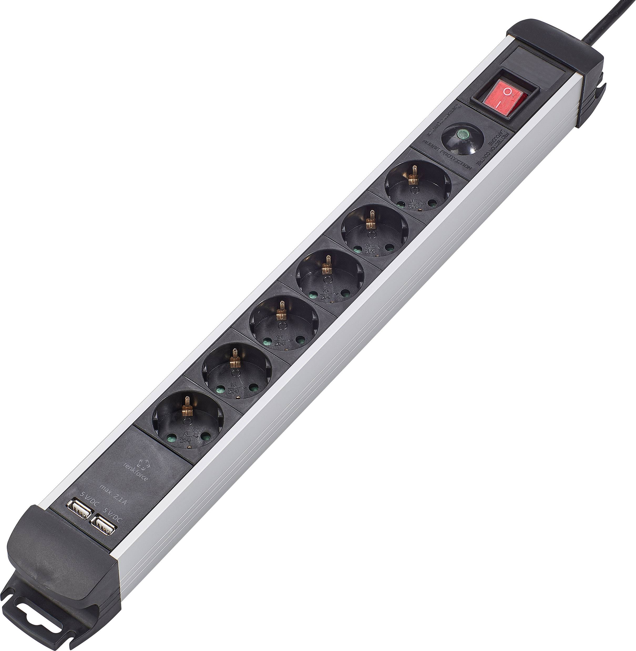 En grenuttag med sex uttag, USB-portar och en röd strömbrytare. Perfekt för kontorsanvändning.
