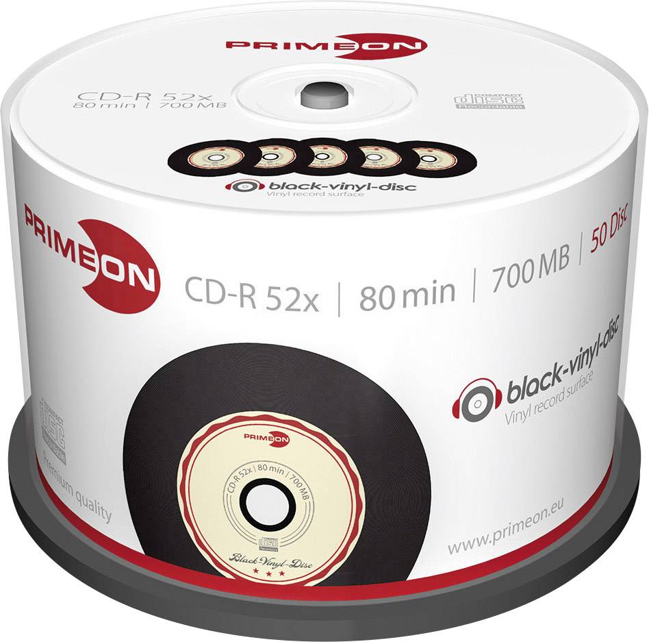 En spindel med 50 CD-R-skivor från märket Primeon, vardera med 52x hastighet, 80 minuters speltid och 700 MB kapacitet.
